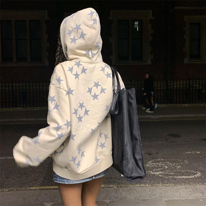 Stars Printed Zipper Hooded Cardigan Couple Fashion Outerwear Hoodies Sweatshirt Street Men Women Coat by Mirlaine Univers