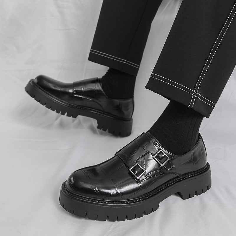 Men's Thick Bottom Horsebit Buckle Slip On Loafers Big Head Leather Shoes