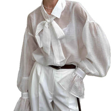 Retro Tie-Neckline Petal-Sleeve Top