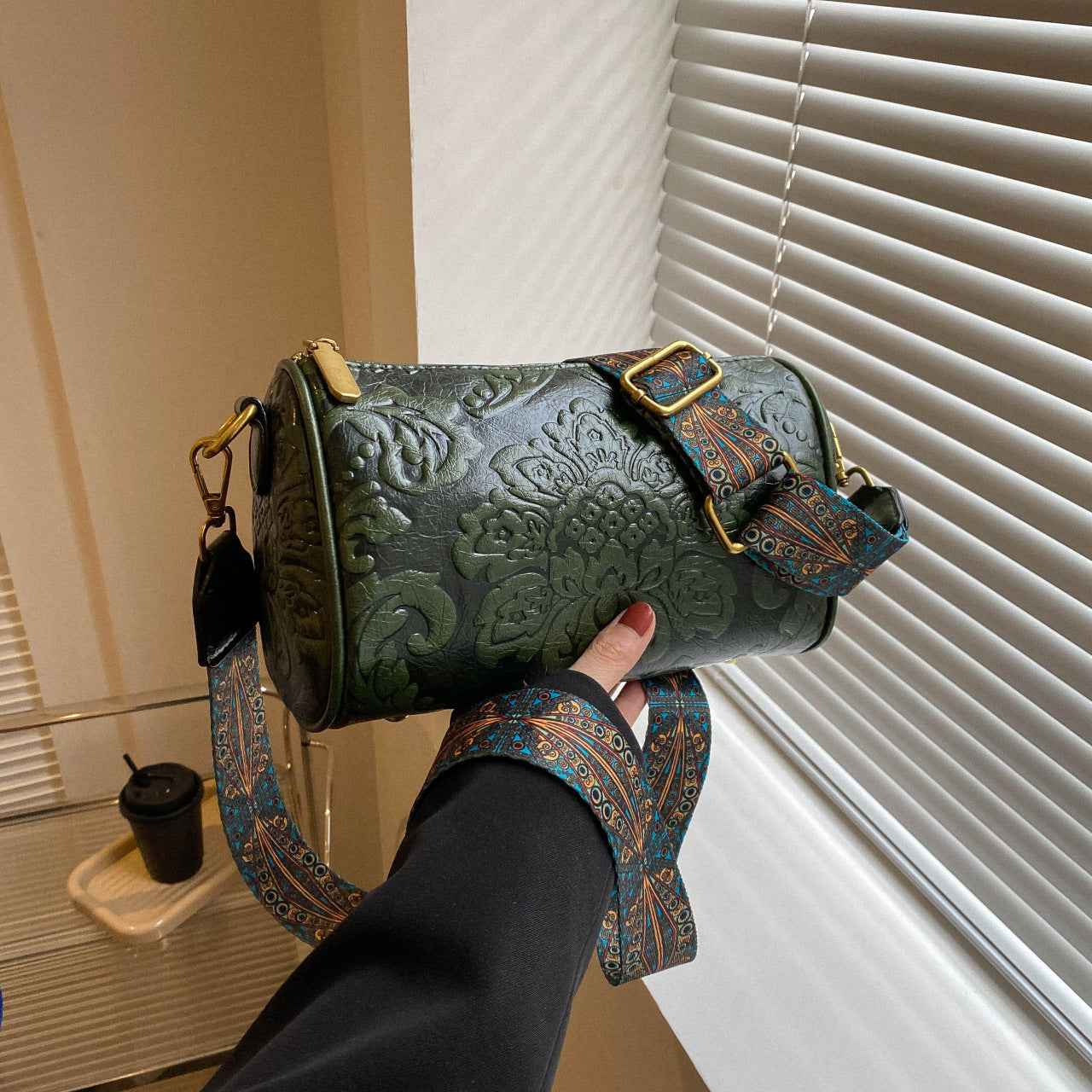 Embossed Round Barrel Crossbody Womens Fashion Shoulder Bag