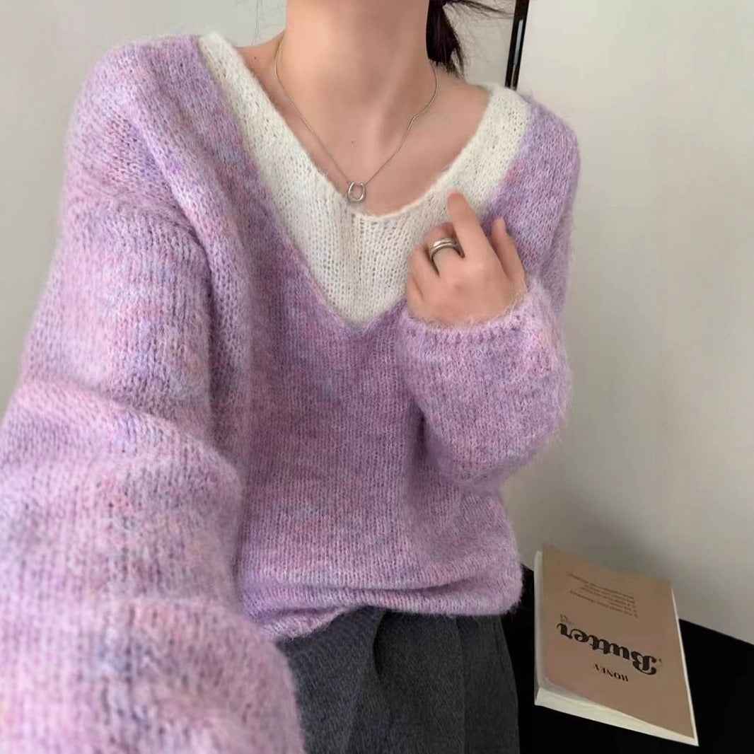 Laid-back Preppy Style Fake Two-piece Knitted Sweaters Top