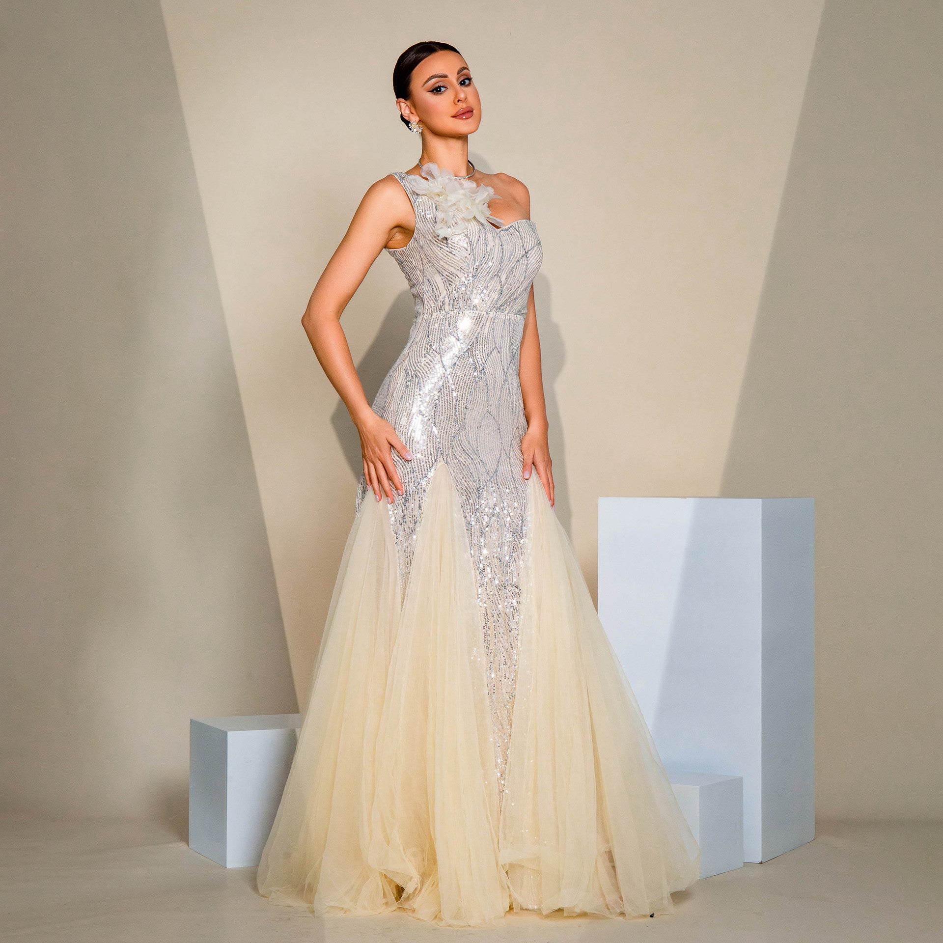 One-shoulder Diagonal Collar Slim-fit Sheath Sequined Slit Evening Dress by Mirlaine Univers