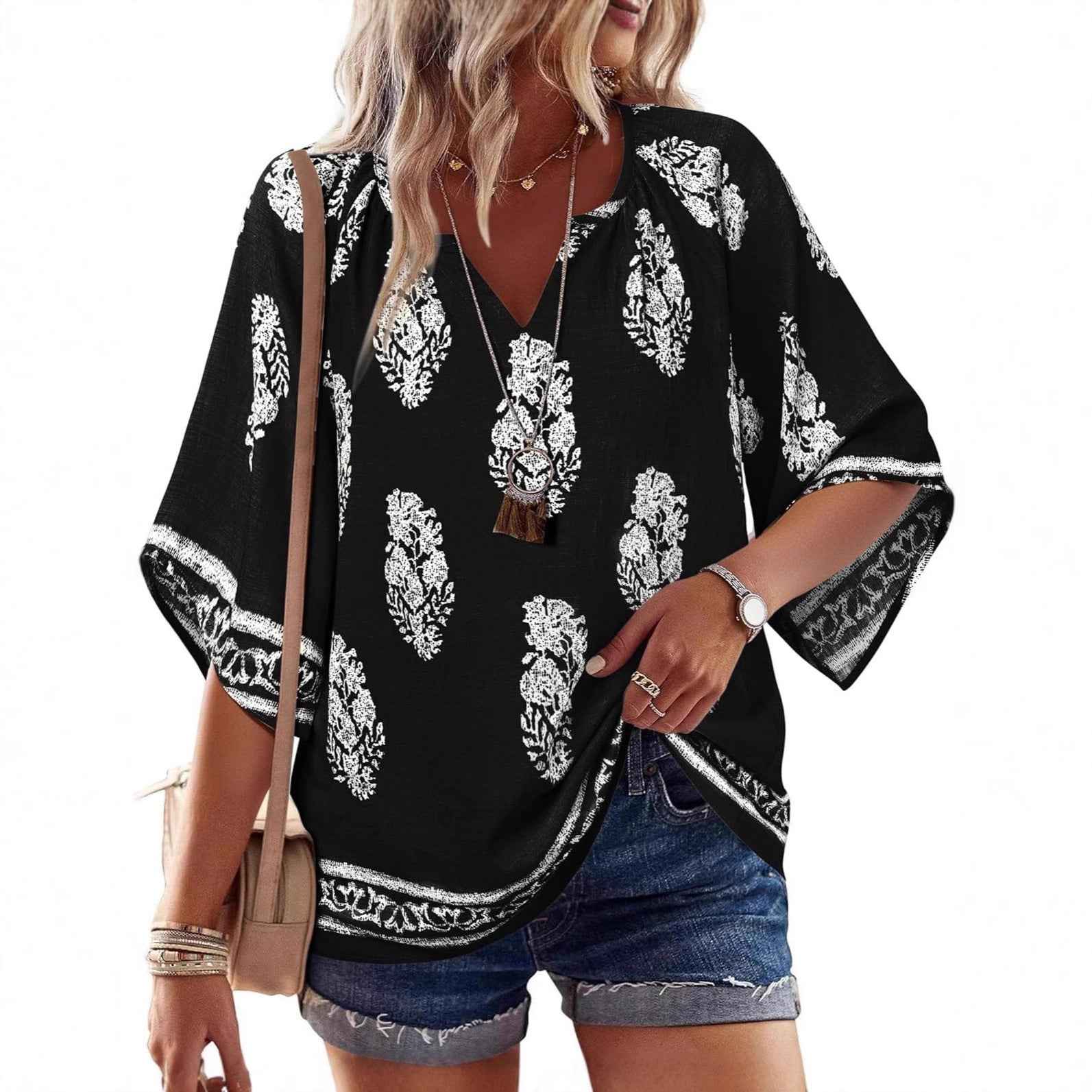 V-neck Printed Bohemian Country-Style Casual Loose Summer Top