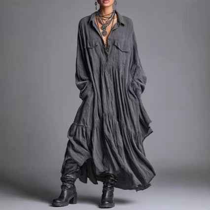Artistic Retro Loose Pleated Long-Sleeve Shirt Dress