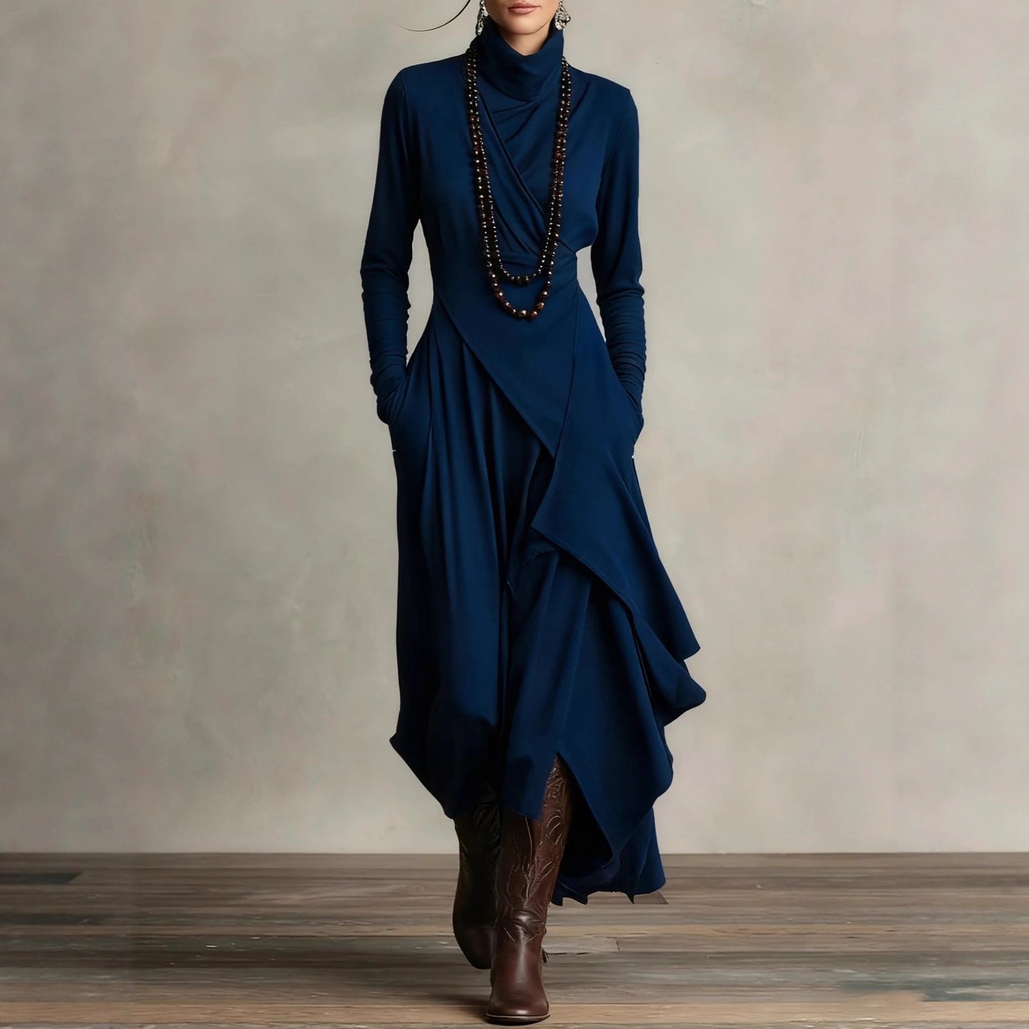 Women's Solid Color Cross-sleeve High-neck Dress by Mirlaine Univers
