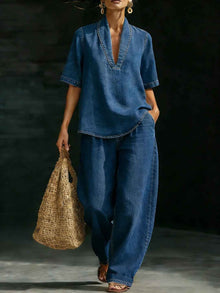 Women's Casual Retro Denim Pants Set