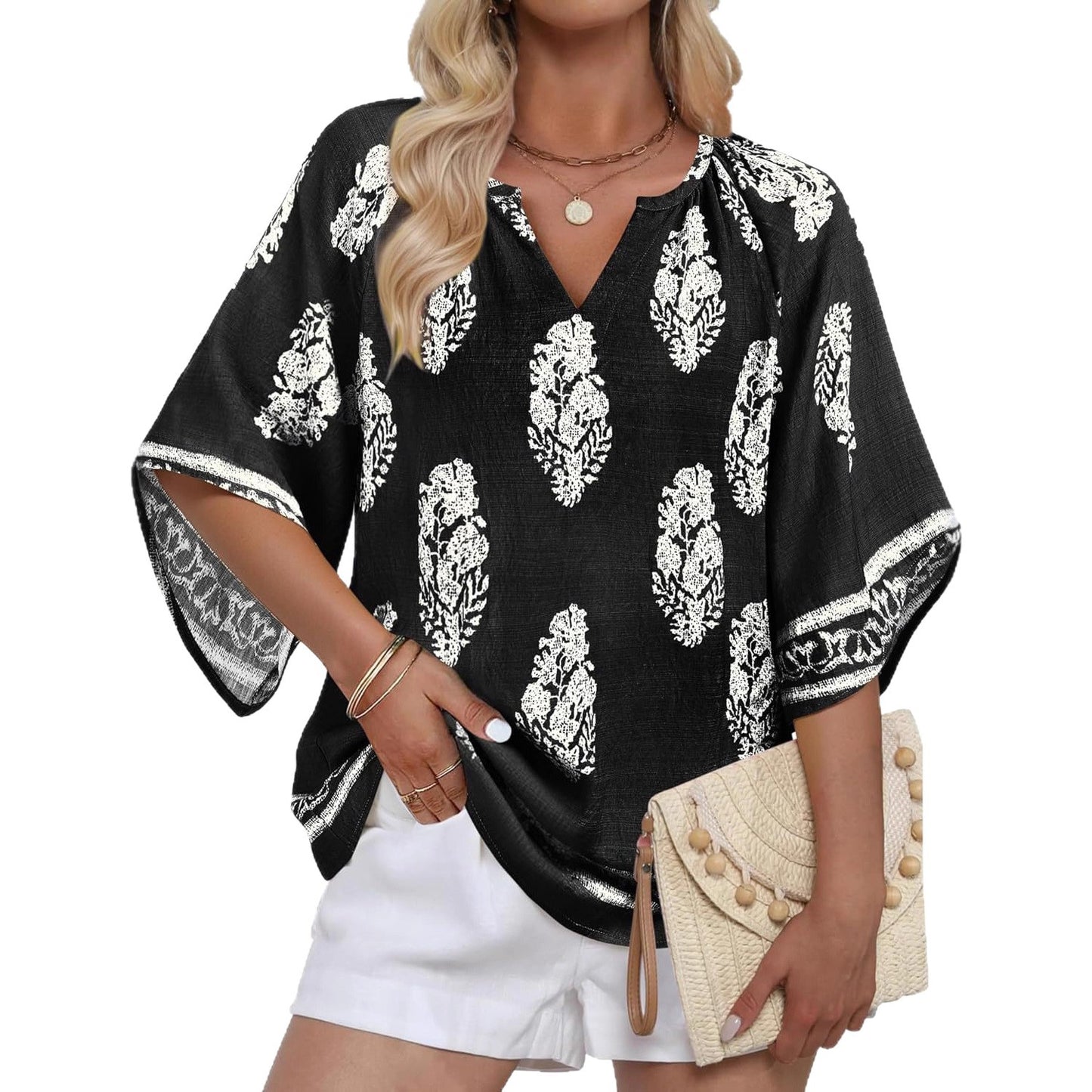 V-neck Printed Bohemian Country-Style Casual Loose Summer Top by Mirlaine Univers