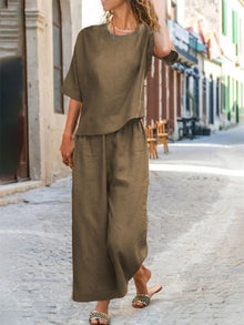 European And American Women's Linen Casual Loose Solid Color Suit Two-piece Women by Mirlaine Univers