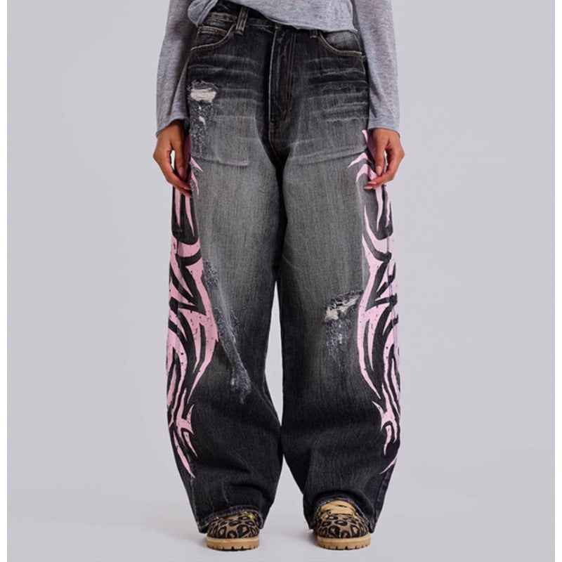 Womens Distressed Relaxed-Fit Denim Jeans With A Bold Totem Print And Extra-Wide Legs