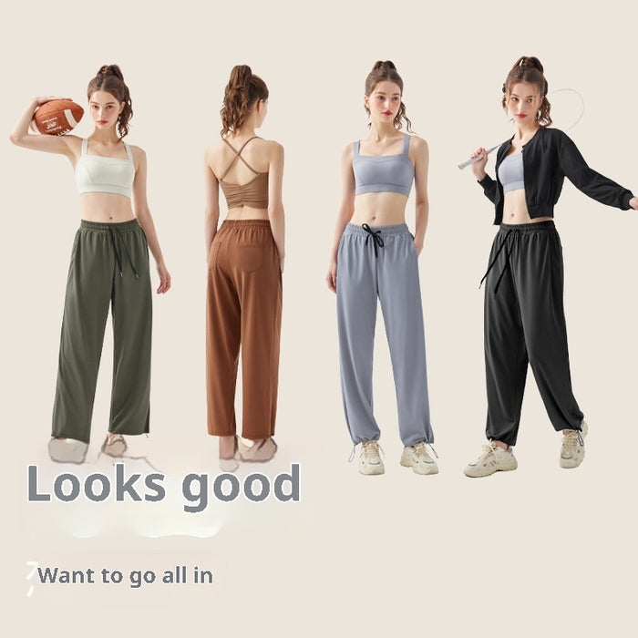 Pantalon de sport pour femme style européen et américain avec poches, cordon de serrage et taille haute pour un effet amincissant