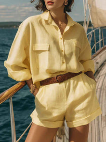Cotton-linen Loose-fit Button-down Shirt And Shorts Fashion Casual Set