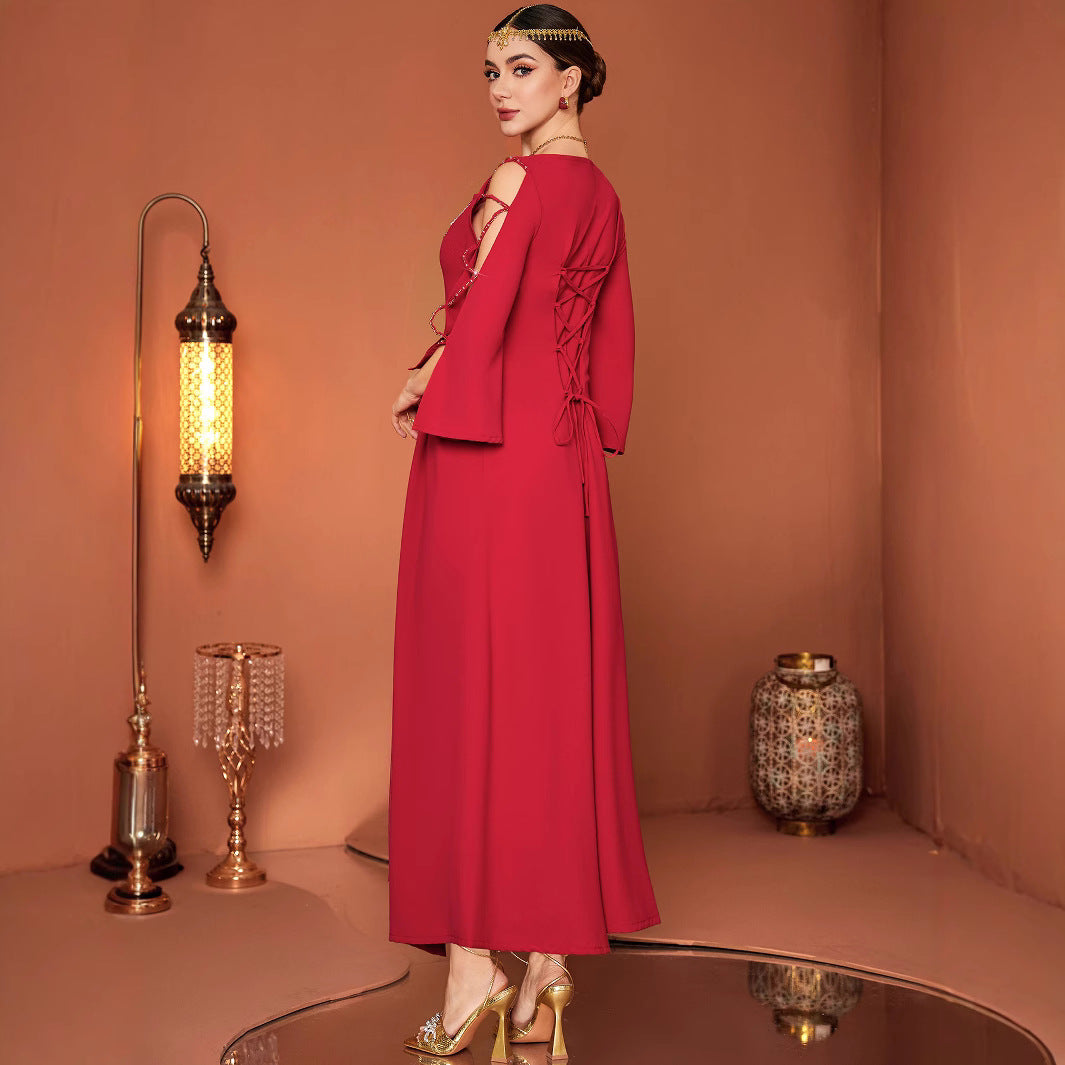 Red Designer Model Heavy Industry Hand Sewing Drill Off-the-shoulder Dress by Mirlaine Univers