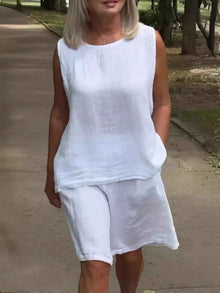 Women's Cotton-Linen Crew-Neck Sleeveless Casual Set