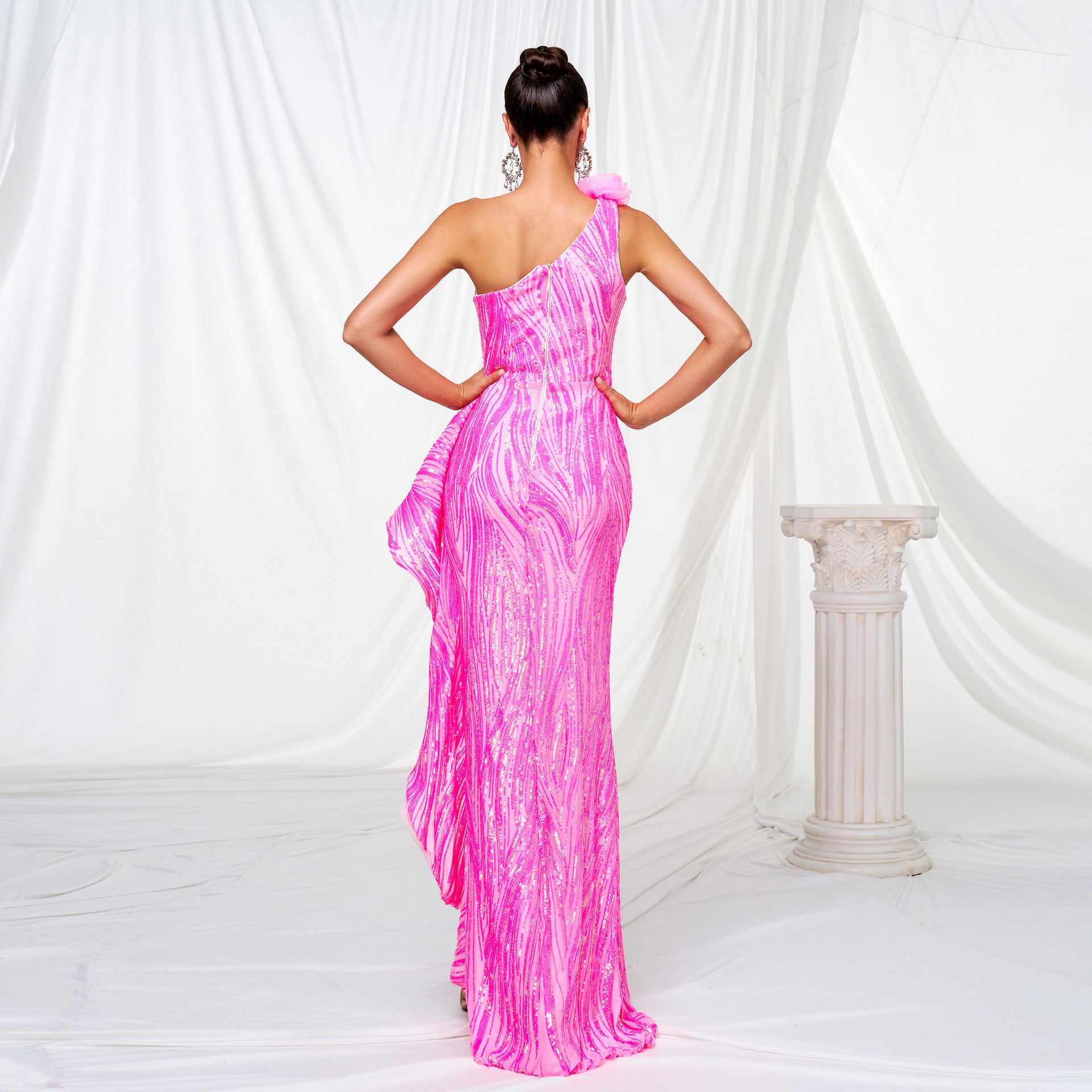 One-shoulder Diagonal Collar Sequined Slit Evening Dress by Mirlaine Univers