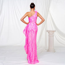 One-shoulder Diagonal Collar Sequined Slit Evening Dress by Mirlaine Univers