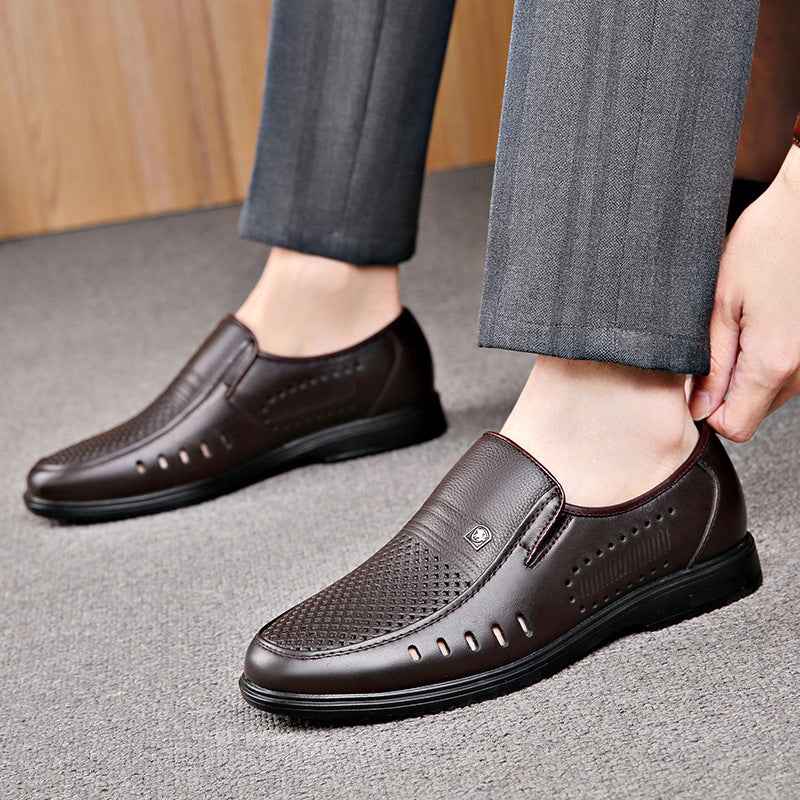 Men's Leather Genuine Flat Sole Round Toe Soft Sole Non-slip Casual Shoes For Middle-aged